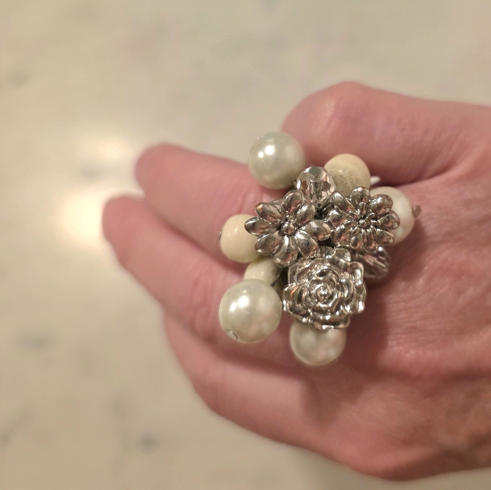 Silver Floral Cluster Ring with Pearls